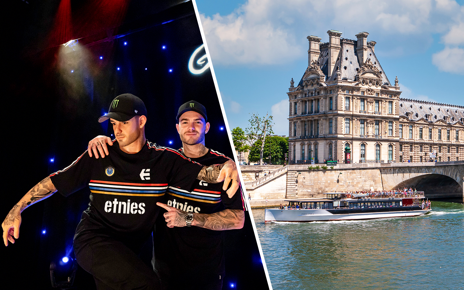 Facade of the Louvre Museum with its iconic architecture on a sunny day and an animated encounter with playful costumed characters at Grevin Paris