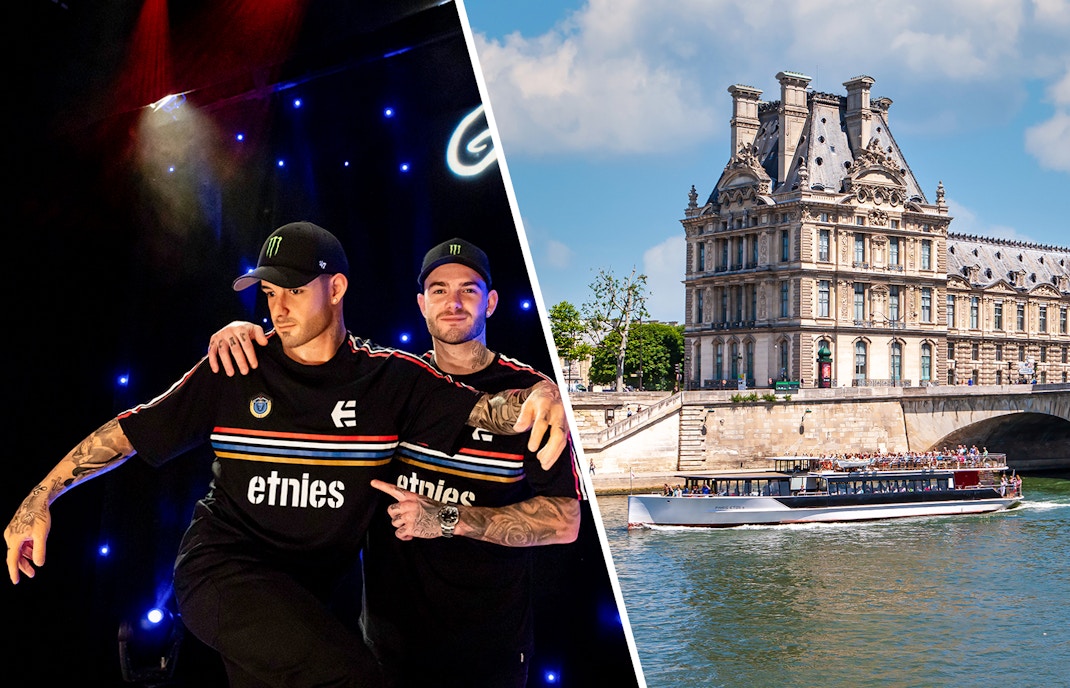 Facade of the Louvre Museum with its iconic architecture on a sunny day and an animated encounter with playful costumed characters at Grevin Paris