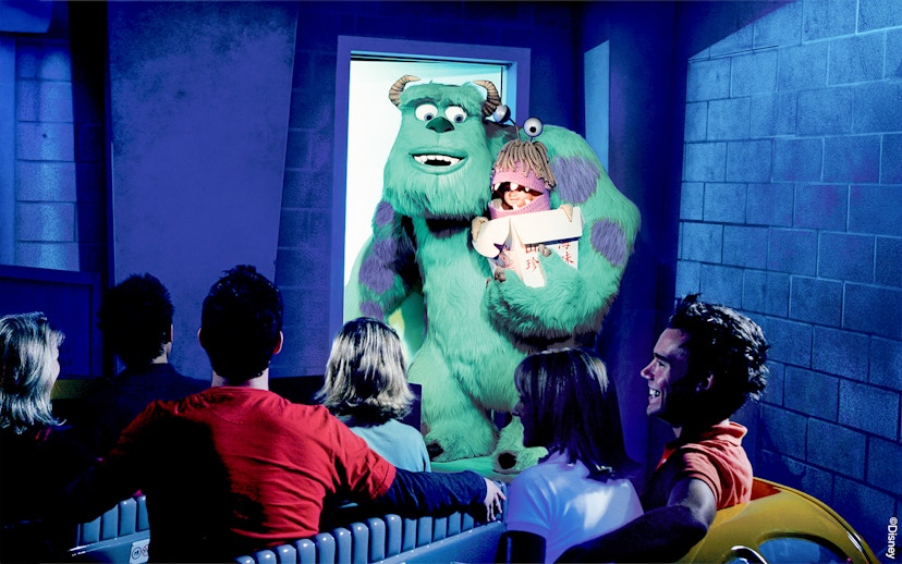 Guests on the Monster's Inc. ride at Disneyland Adventure Park California see Sulley holding Boo.
