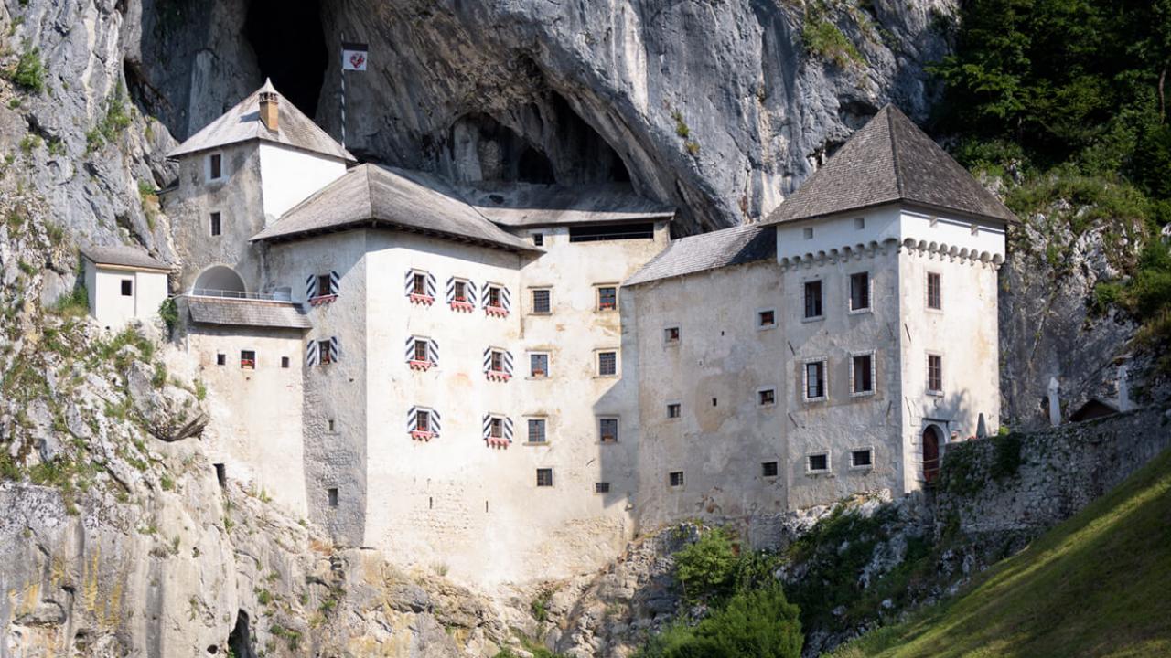 Predjama Castle built into a cliff in Slovenia.