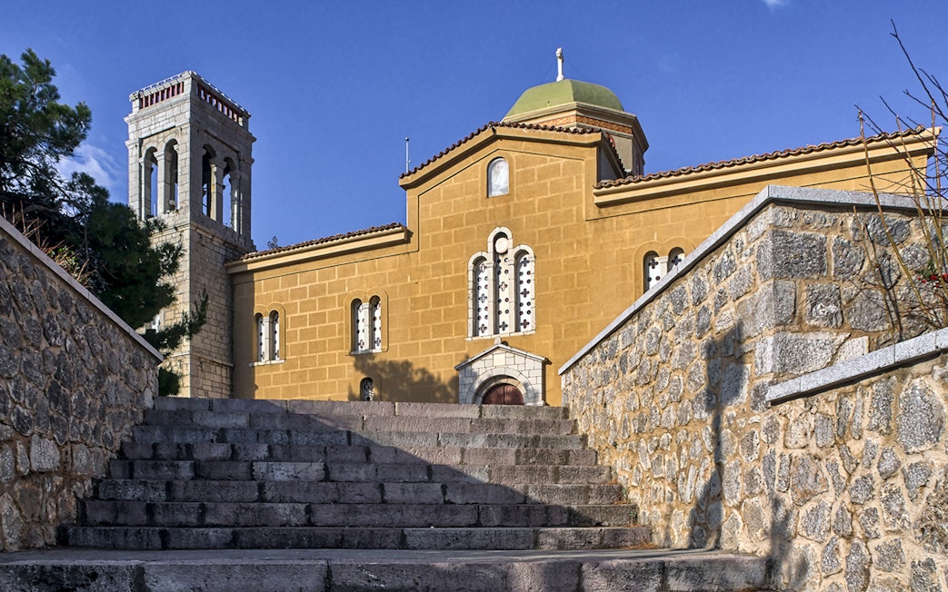 Saint George Church with stone steps in Arachova, Greece.