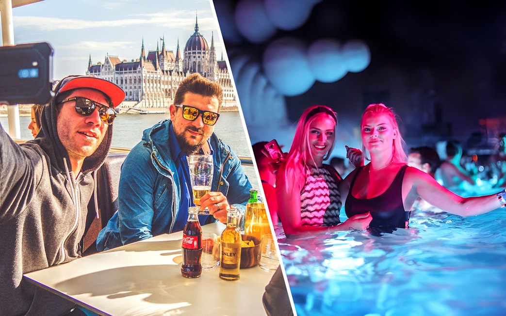 Budapest party boat cruise with Parliament view and Sparty pool event.