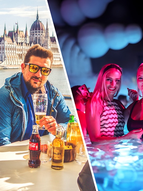 Budapest party boat cruise with Parliament view and Sparty pool event.