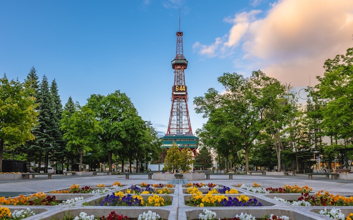 Sapporo TV Tower with colorful flower beds at Odori Park, Sapporo, Hokkaido, Japan.