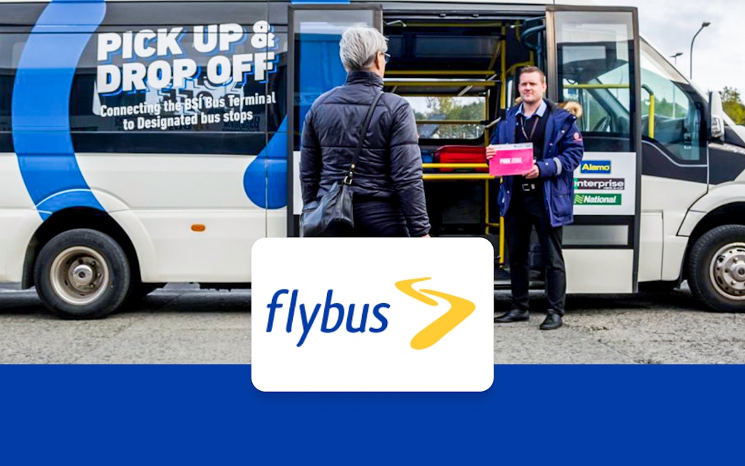 Flybus shuttle at Reykjavik terminal for Keflavik Airport transfer.