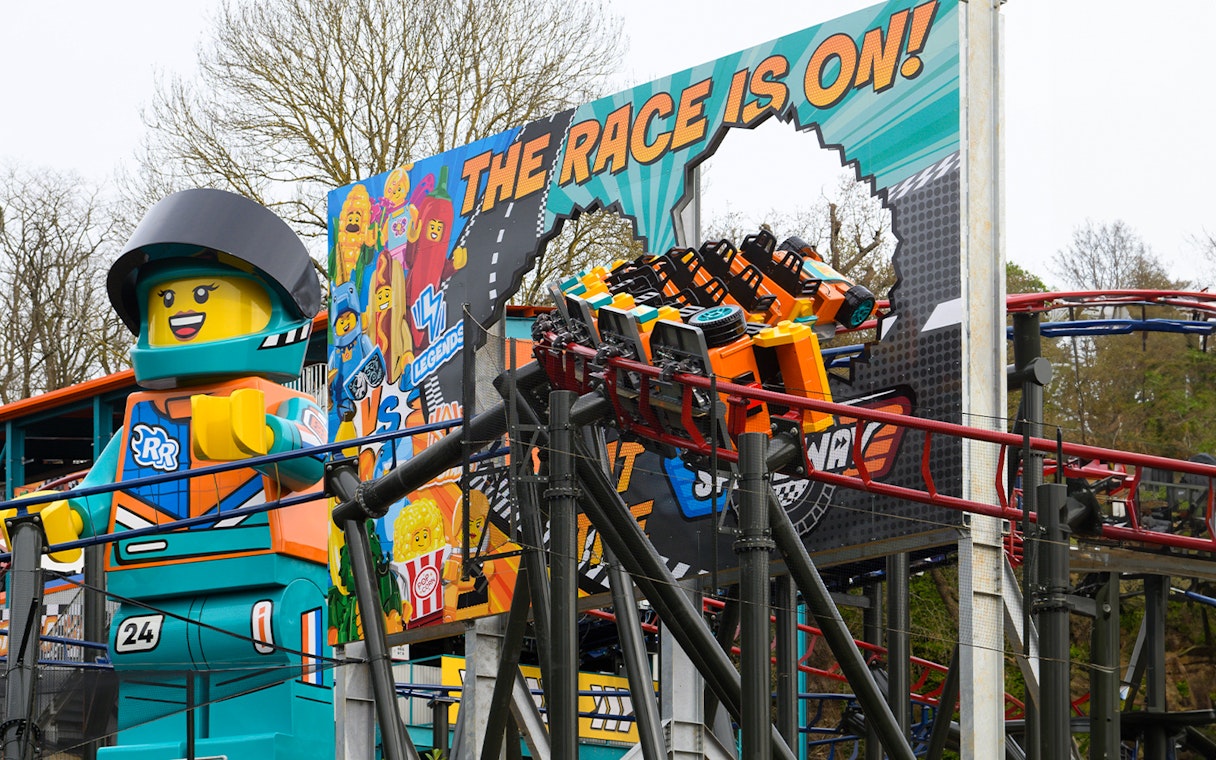 Roller coaster at LEGOLAND® Windsor Resort with LEGO racer theme.