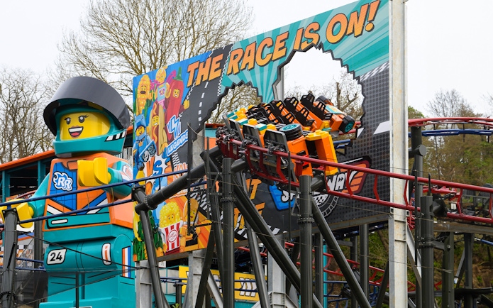 Roller coaster at LEGOLAND® Windsor Resort with LEGO racer theme.