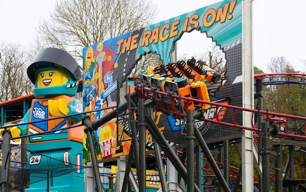 Roller coaster at LEGOLAND® Windsor Resort with LEGO racer theme.
