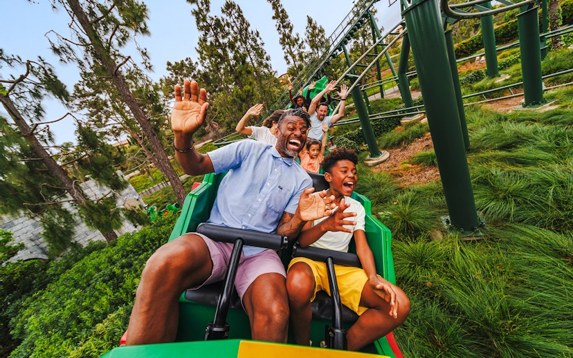 Family enjoying a rollercoaster ride at LEGOLAND California.