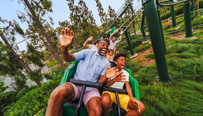 Family enjoying a rollercoaster ride at LEGOLAND California.