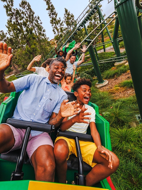 Family enjoying a rollercoaster ride at LEGOLAND California.