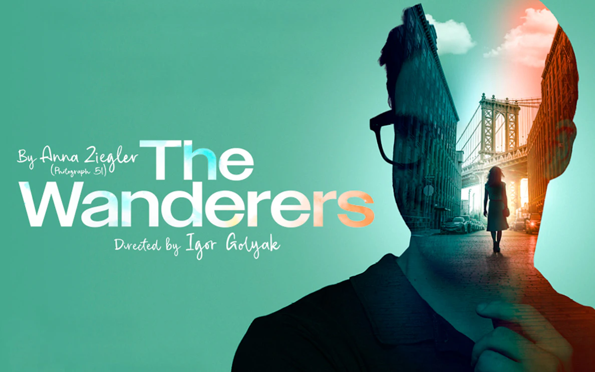 Silhouette of a person with a cityscape and bridge, promoting "The Wanderers" play.