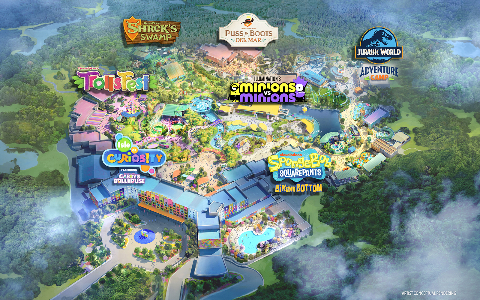 Universal Kids Resort Map in Texas featuring themed areas like Shrek's Swamp, Trolls Fest, and Jurassic World Adventure Camp.