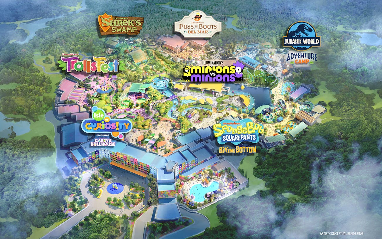 Universal Kids Resort Map in Texas featuring themed areas like Shrek's Swamp, Trolls Fest, and Jurassic World Adventure Camp.