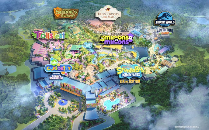 Universal Kids Resort Map in Texas featuring themed areas like Shrek's Swamp, Trolls Fest, and Jurassic World Adventure Camp.