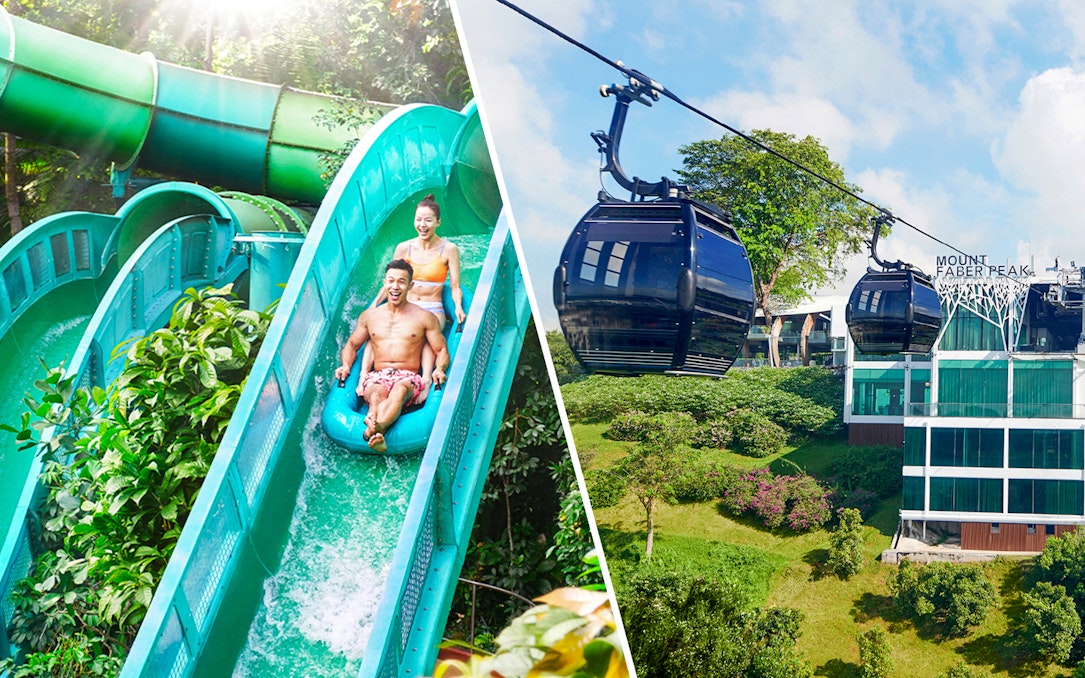 Visitors enjoying a water slide at Adventure Cove Waterpark and cable cars at Mount Faber, Singapore.