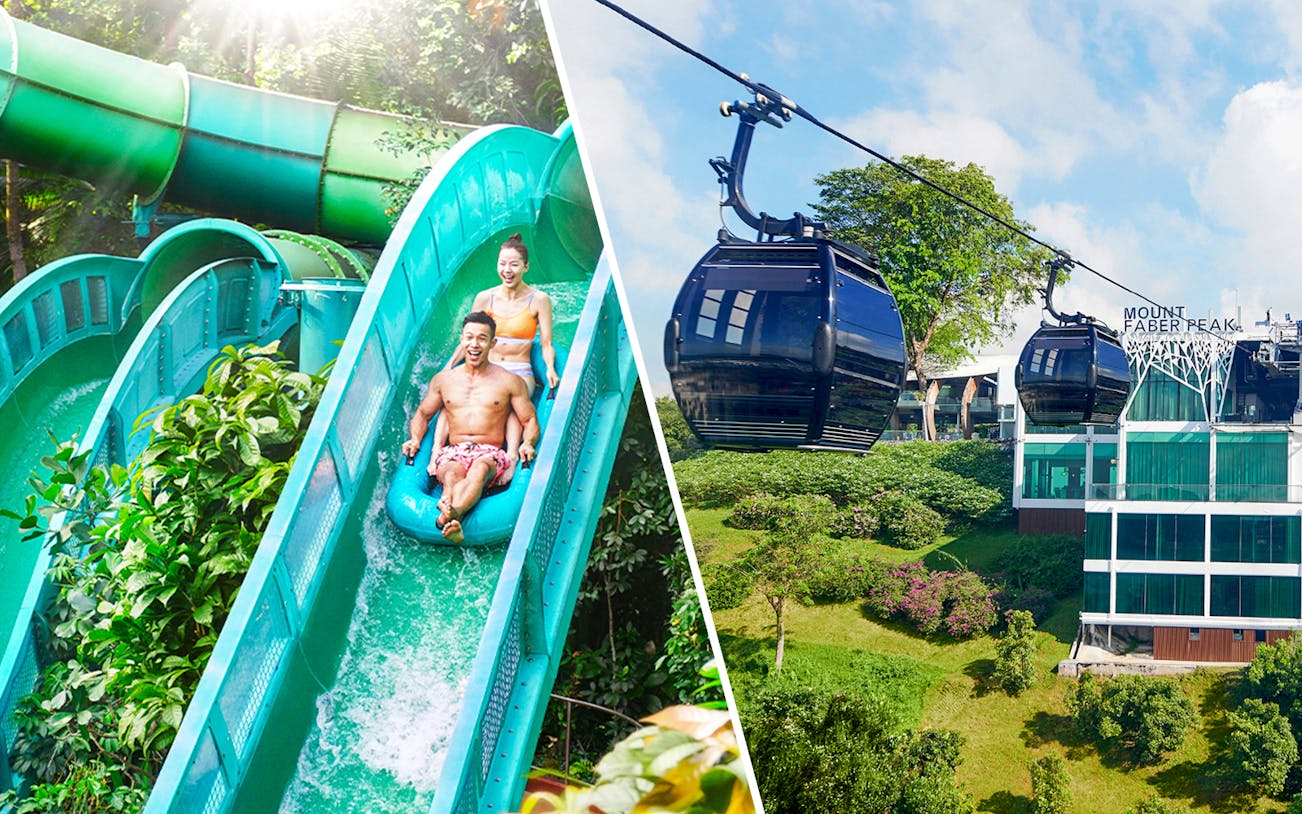 Visitors enjoying a water slide at Adventure Cove Waterpark and cable cars at Mount Faber, Singapore.