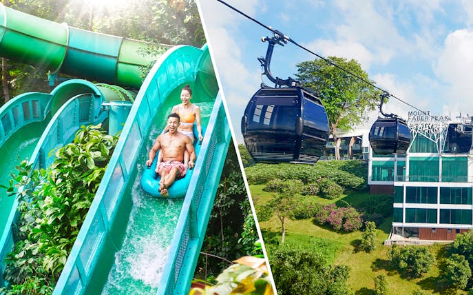 Visitors enjoying a water slide at Adventure Cove Waterpark and cable cars at Mount Faber, Singapore.