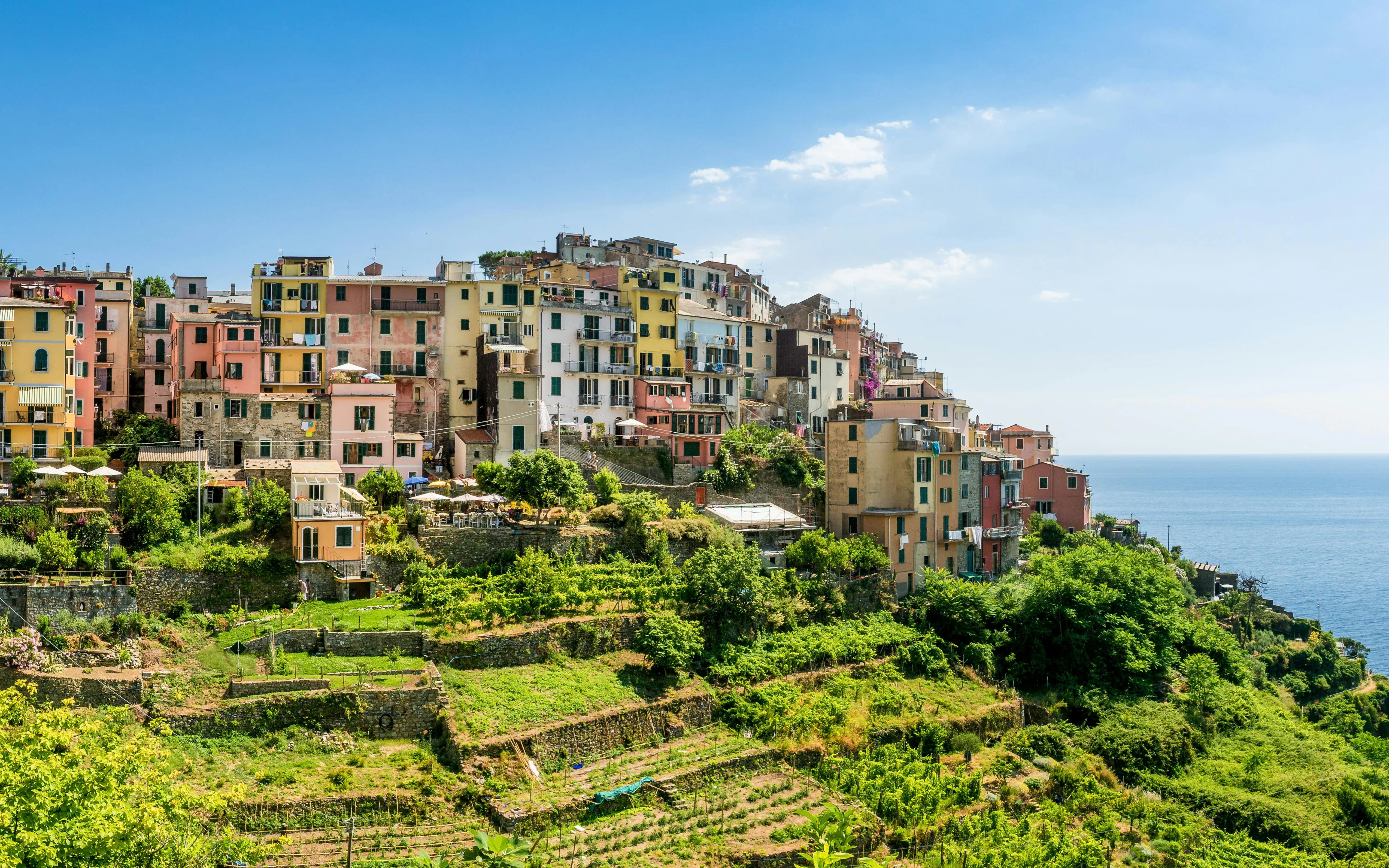 Colorful hillside village of Corniglia overlooking the sea in Cinque Terre, Italy.