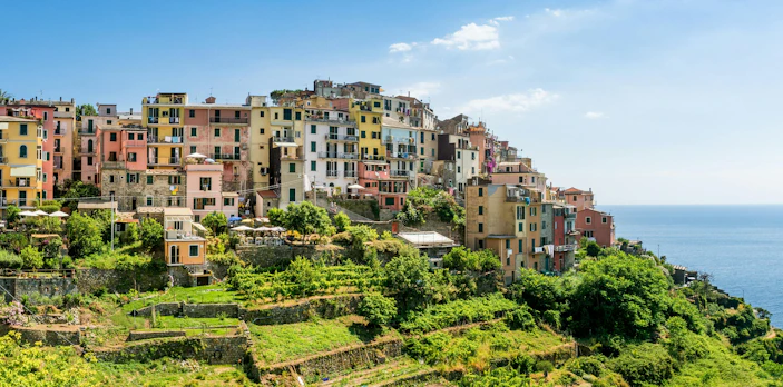 Colorful hillside village of Corniglia overlooking the sea in Cinque Terre, Italy.