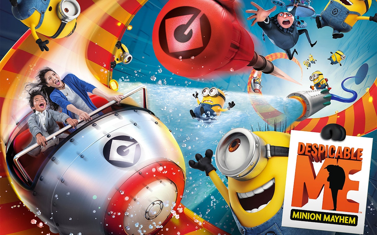 Roller coaster ride with Minions at Despicable Me attraction, Universal Studios Japan.