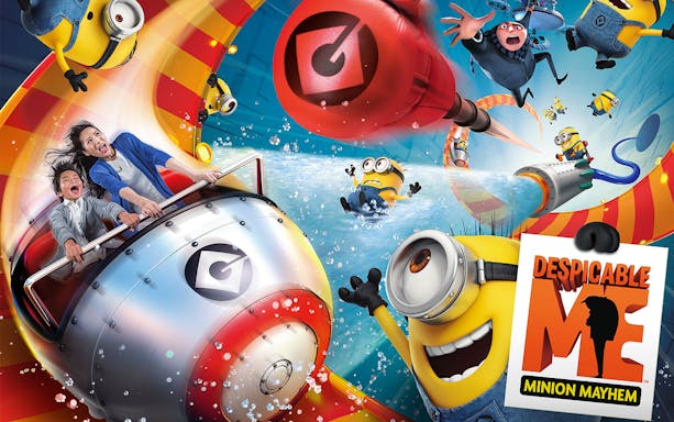 Roller coaster ride with Minions at Despicable Me attraction, Universal Studios Japan.