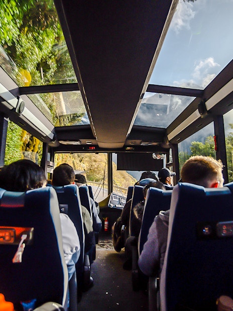 Passengers on a glass-roof bus traveling through Milford Sound scenery.
