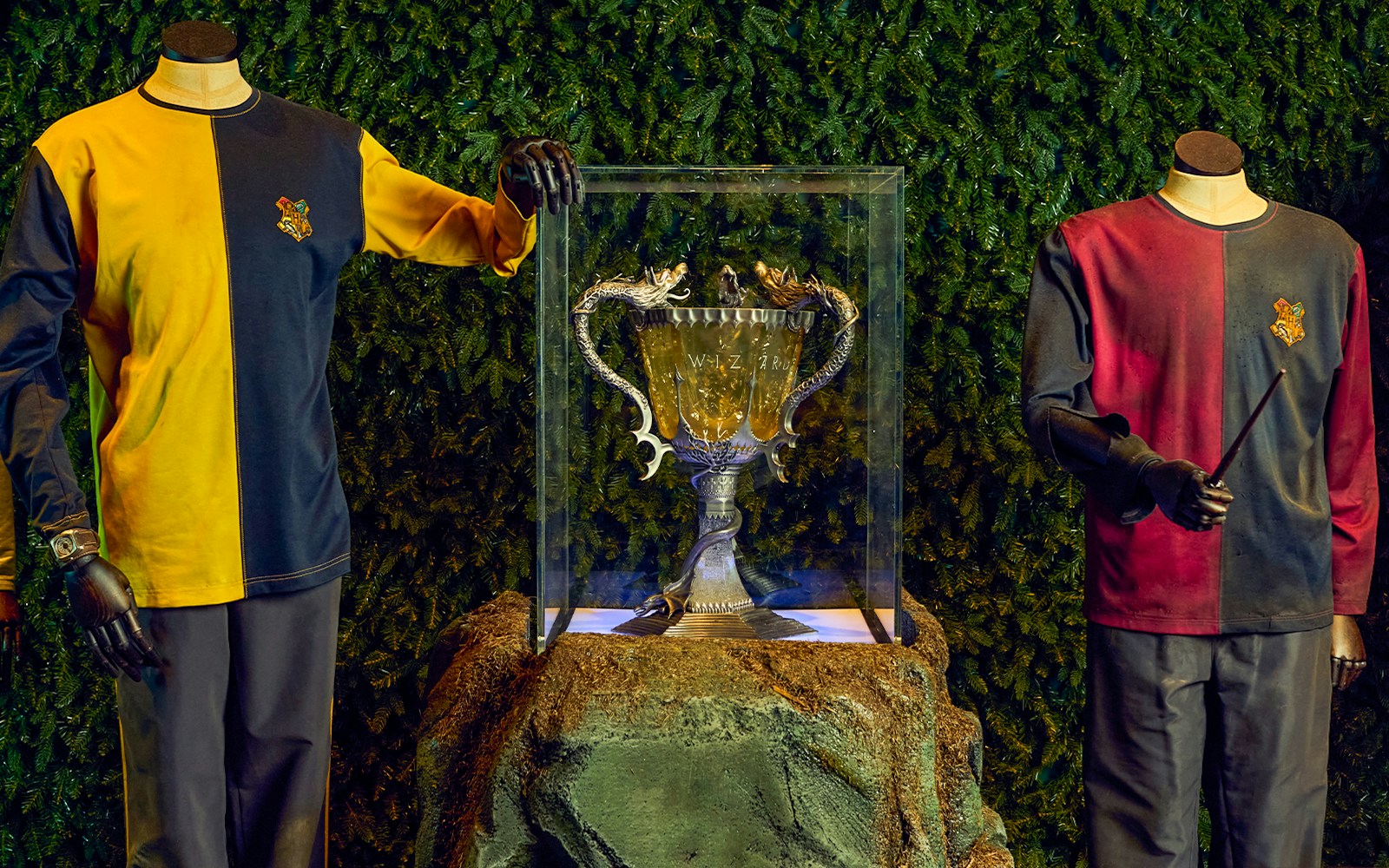 Triwizard Tournament set at Warner Bros. Studio Tour London with dragon prop and Hogwarts backdrop.