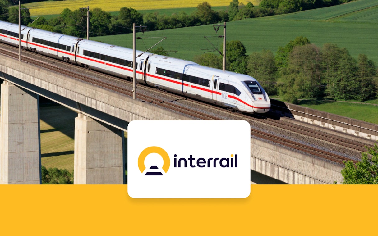 High-speed train on a bridge in Germany, promoting Interrail German Flex Pass.
