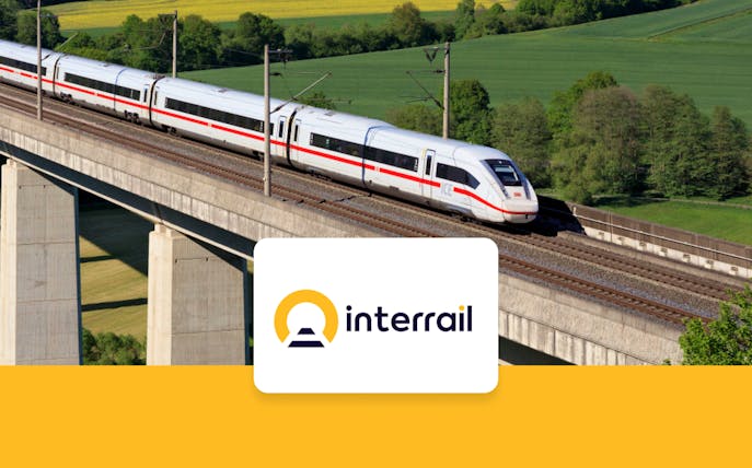 High-speed train on a bridge in Germany, promoting Interrail German Flex Pass.