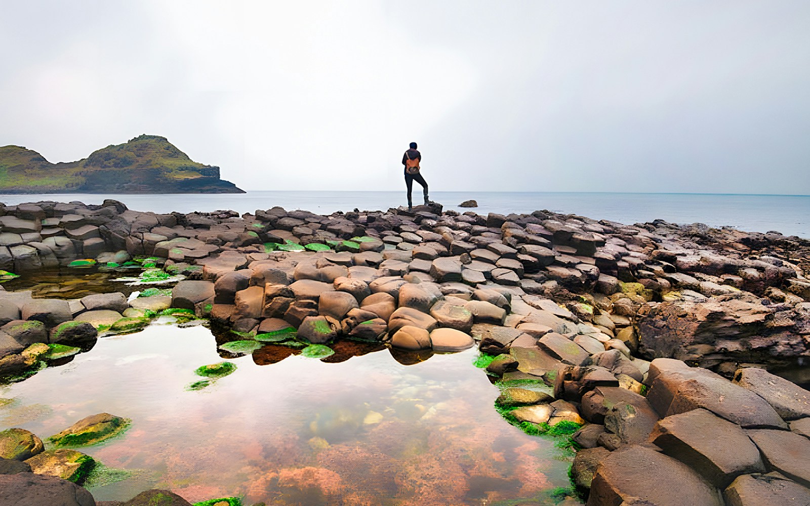 Person standing on Giant's Causeway basalt columns, Northern Ireland coast in the background.