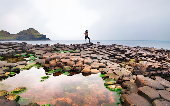 Person standing on Giant's Causeway basalt columns, Northern Ireland coast in the background.