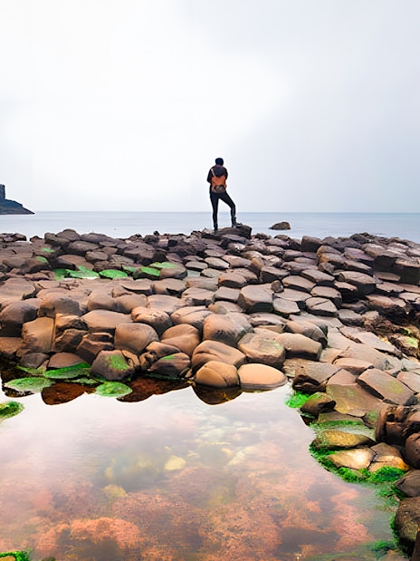 Person standing on Giant's Causeway basalt columns, Northern Ireland coast in the background.