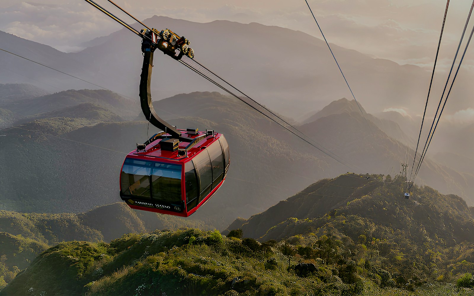 Cable car ascending Fansipan Mountain at Sun World Fansipan Legend, Vietnam.