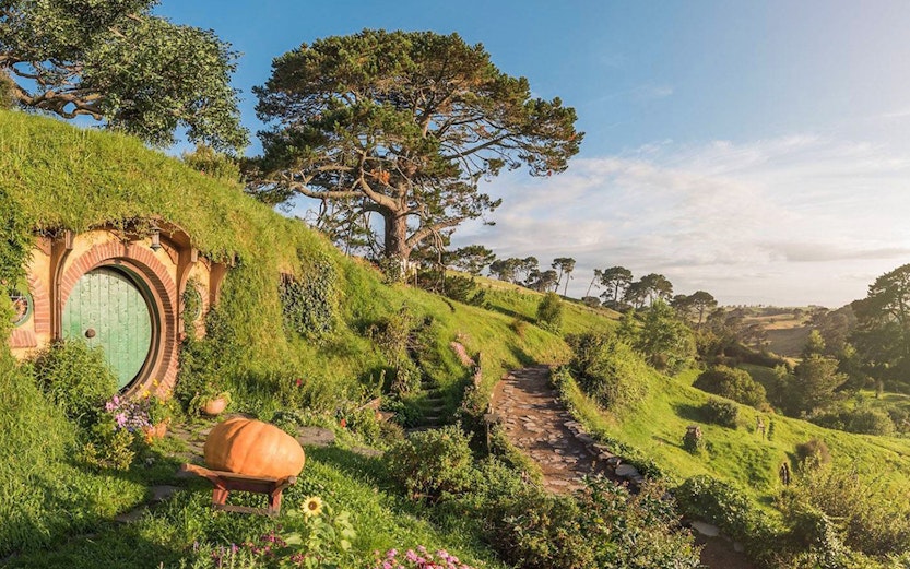 Hobbiton Movie Set with round door and lush greenery in Auckland, New Zealand.