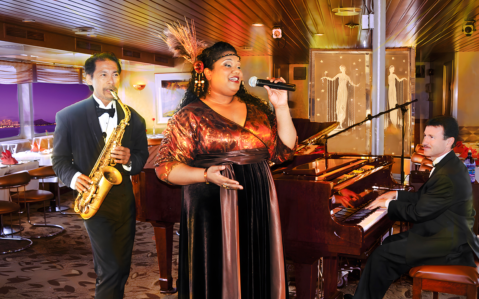 Performers at Nova Five Star 2 with singer, saxophonist, and pianist on stage.