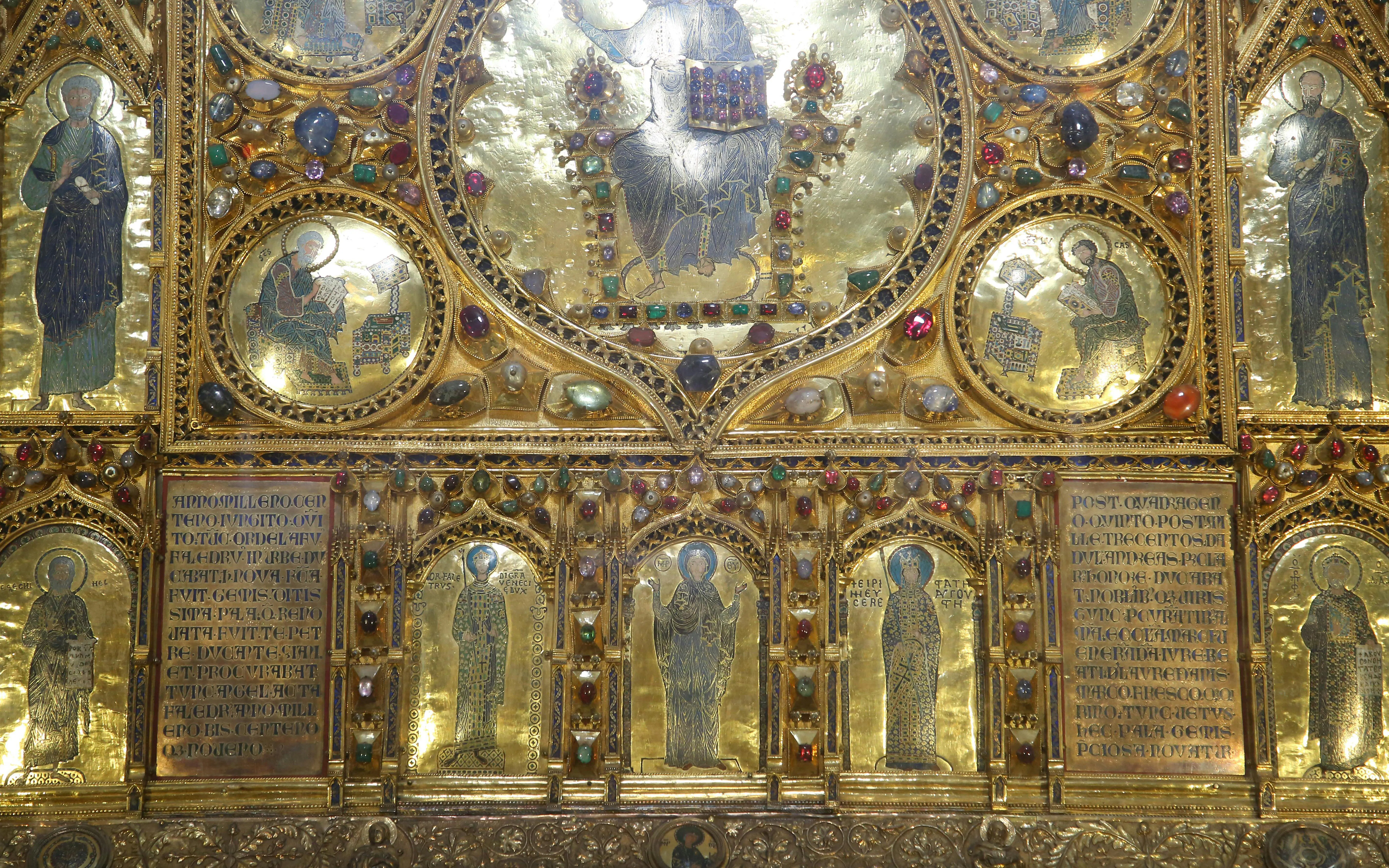 Pala d'Oro detail with religious icons and gemstones, St. Mark's Basilica, Venice.