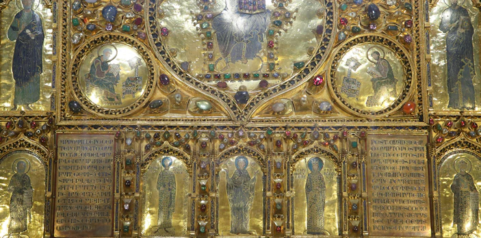 Pala d'Oro detail with religious icons and gemstones, St. Mark's Basilica, Venice.