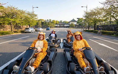 Go-kart riders in animal costumes driving through Shibuya streets during a 30/60/120 min experience.