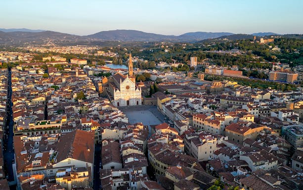 Aerial view of Florence with Santa Croce Basilica, showcasing Renaissance architecture.