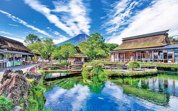 Traditional Japanese buildings with Mt. Fuji in the background at Arakurayama Sengen Park.