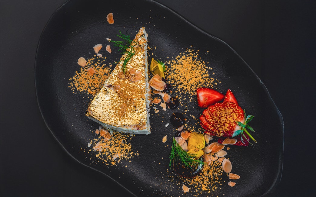 Pastry with chopped strawberry at Sky 52 Restaurant, Sky View Observatory, Dubai.