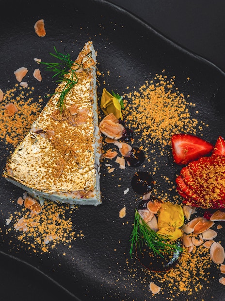 Pastry with chopped strawberry at Sky 52 Restaurant, Sky View Observatory, Dubai.