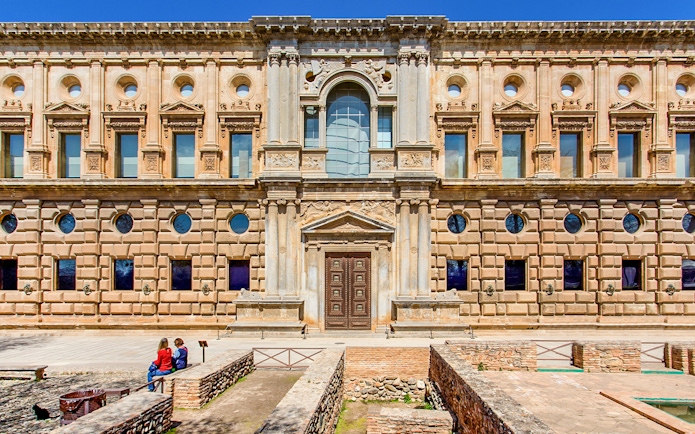 Palace of Charles V facade in Alhambra, Granada, part of the Alhambra Surroundings Tour.