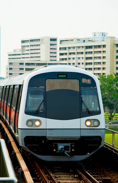 Singapore MRT train approaching Supertree Grove with city buildings in the background.