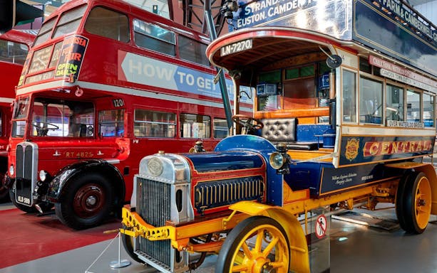 Vintage buses on display at the London Transport Museum.