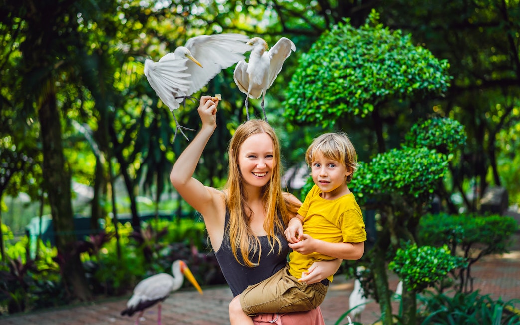 Woman and child interacting with birds at Bali Bird Park.