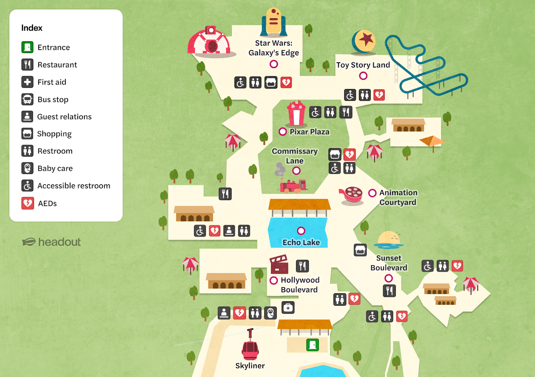 Map of Walt Disney World Orlando highlighting Star Wars: Galaxy's Edge, Toy Story Land, and Echo Lake.