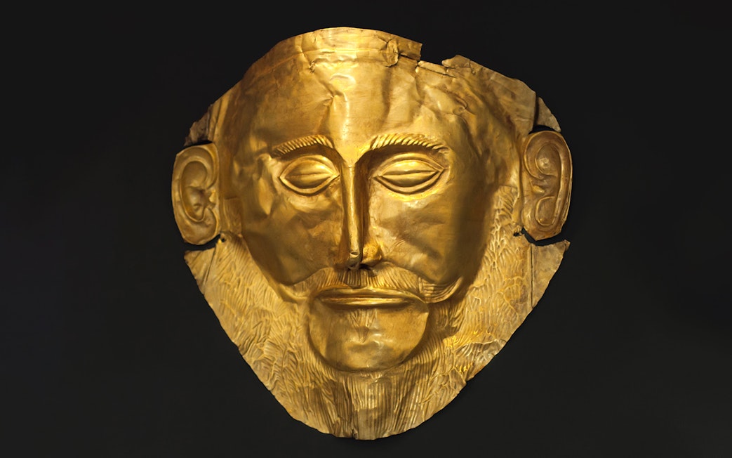 Gold funerary mask at the National Archaeological Museum, Athens.