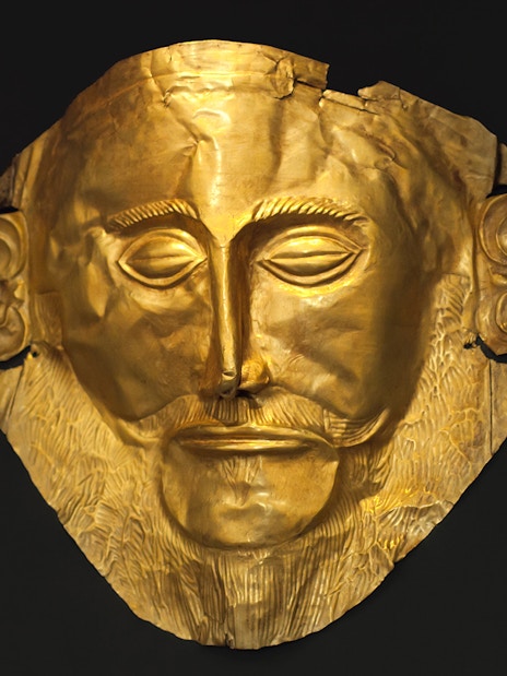 Gold funerary mask at the National Archaeological Museum, Athens.